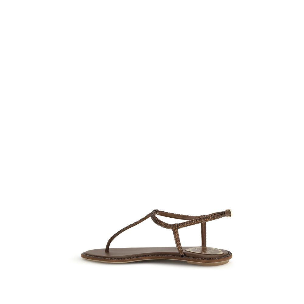 RENE CAOVILLA Brown Satin Flat Sandals