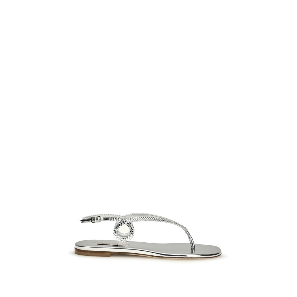 Casadei Silver Calf Leather Bos Taurus Flat Sandals