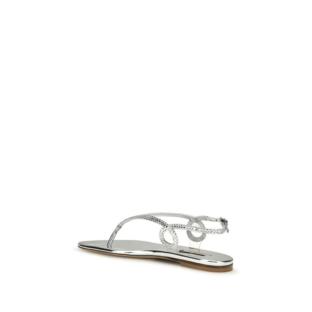 Casadei Silver Calf Leather Bos Taurus Flat Sandals