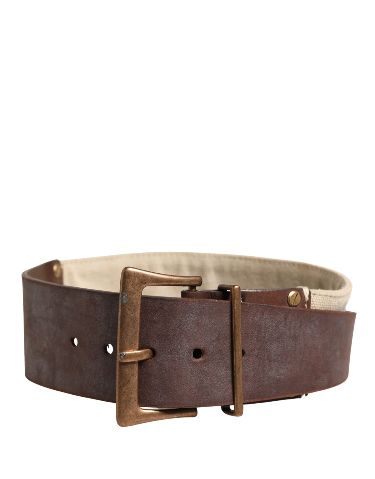 Ermanno Scervino Beige Brown Leather Canvas Metal Buckle Belt
