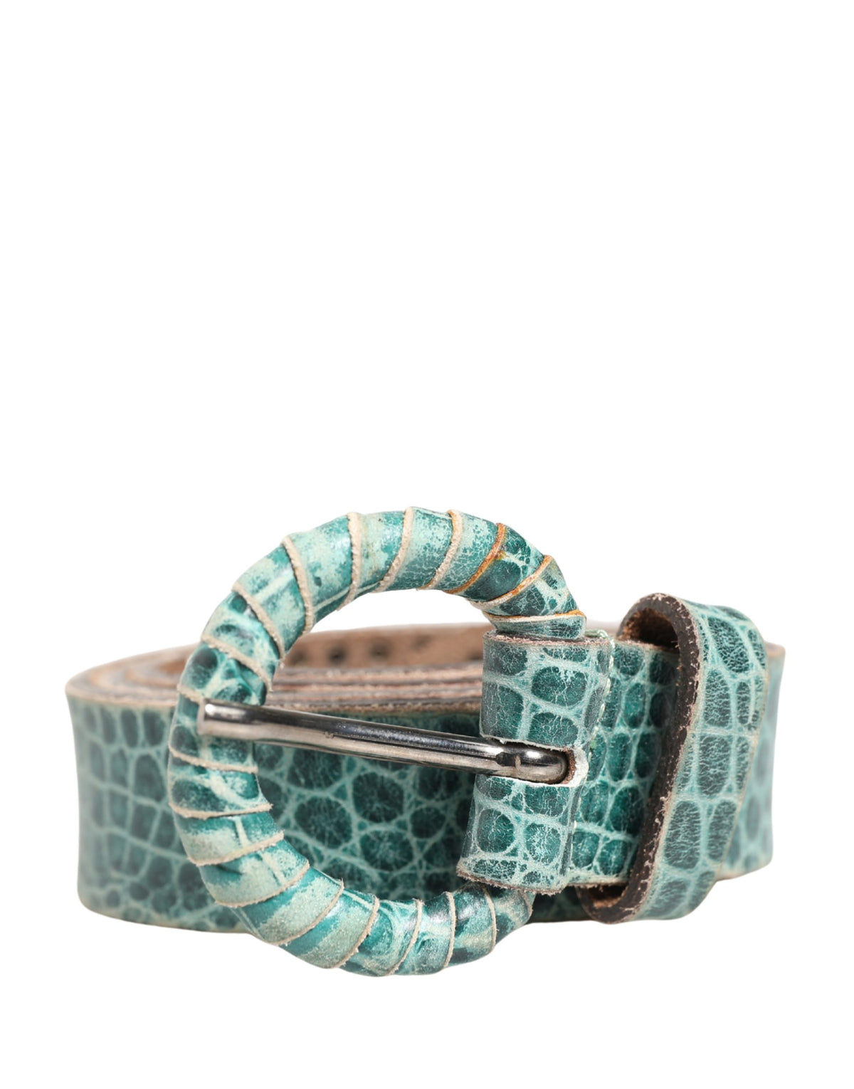 Scervino Street Women Green Leather Croco Print Studded Belt