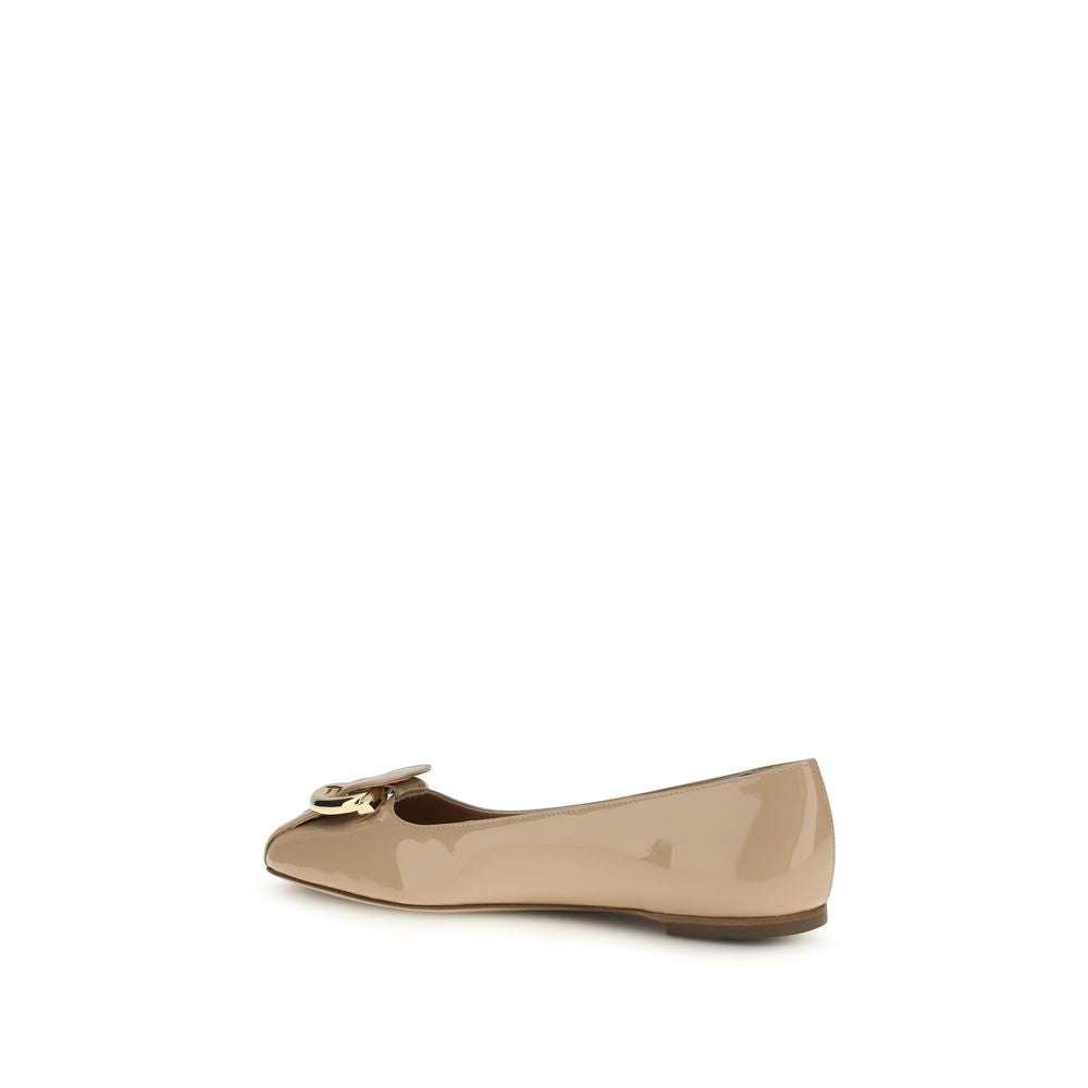 Ferragamo Beige Calf Leather Bos Taurus Ballet Flats