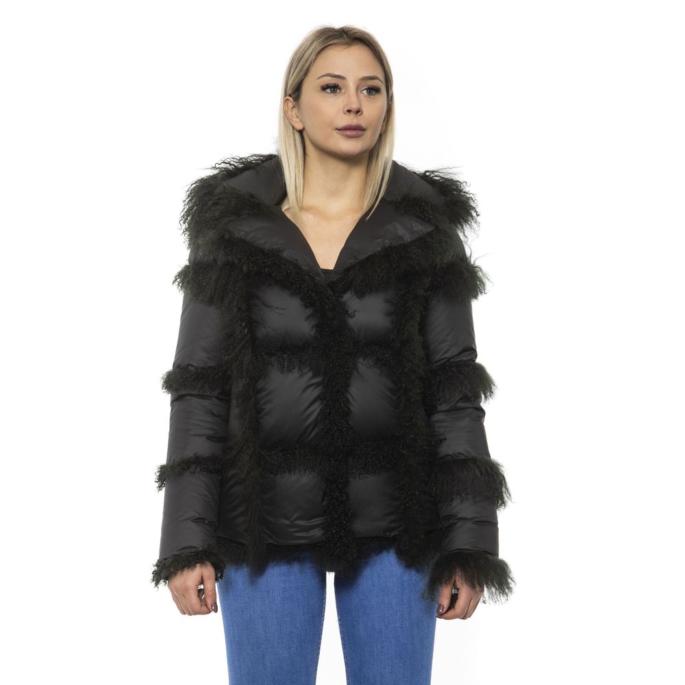 Mr&Mrs Italy Black Poly Jacket with Lamb Fur Hood for Women