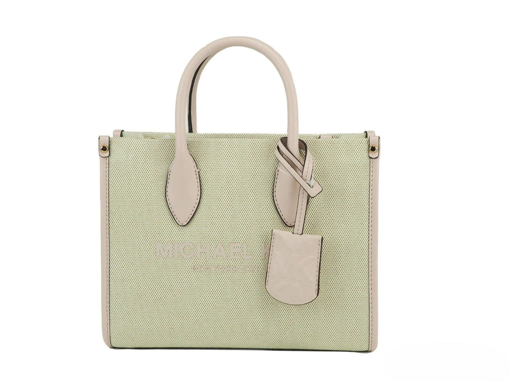 Michael Kors Mirella Small Beige Powder Blush Canvas Shopper Crossbody Handbag Purse