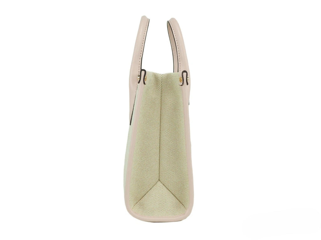 Michael Kors Mirella Small Beige Powder Blush Canvas Shopper Crossbody Handbag Purse