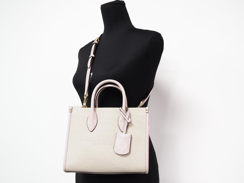 Michael Kors Mirella Small Beige Powder Blush Canvas Shopper Crossbody Handbag Purse