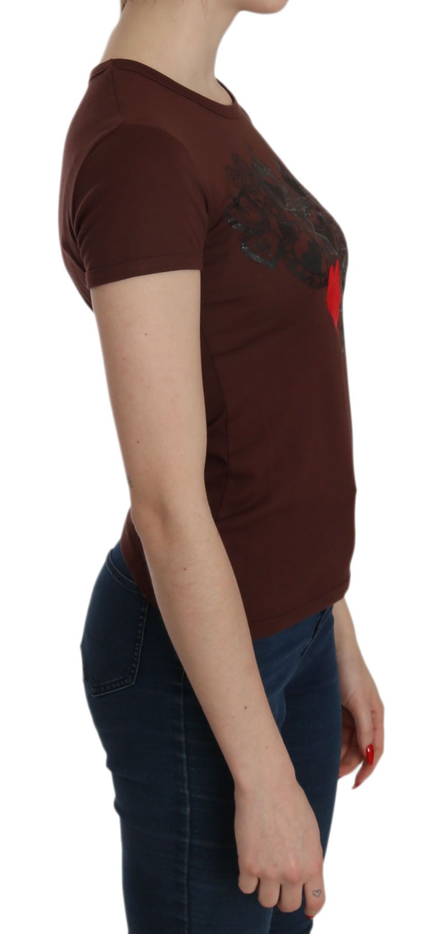 Exte Brown Heart Print Crew Neck T-shirt Short Sleeve Blouse