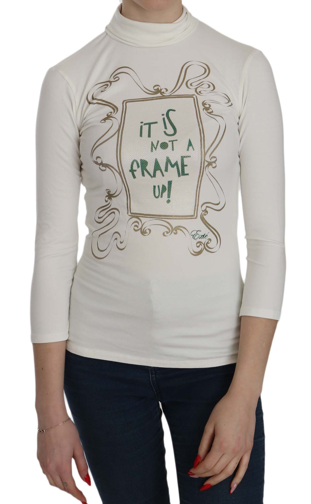 Exte White Printed Turtle Neck 3/4 Sleeve Top Cotton Blouse
