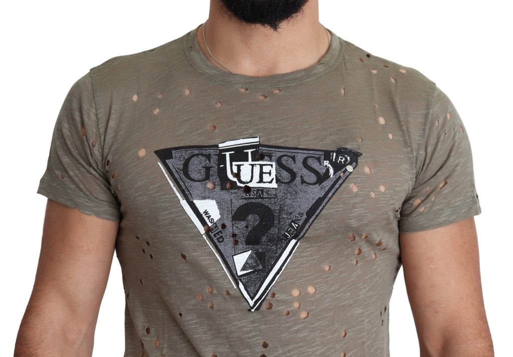 Guess Brown Cotton Stretch Logo Print Men Casual Perforated T-shirt Guess