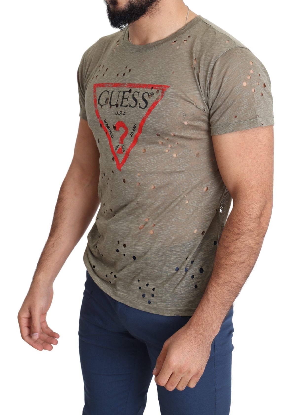 Guess Brown Cotton Stretch Logo Print Men Casual Perforated T-shirt Guess