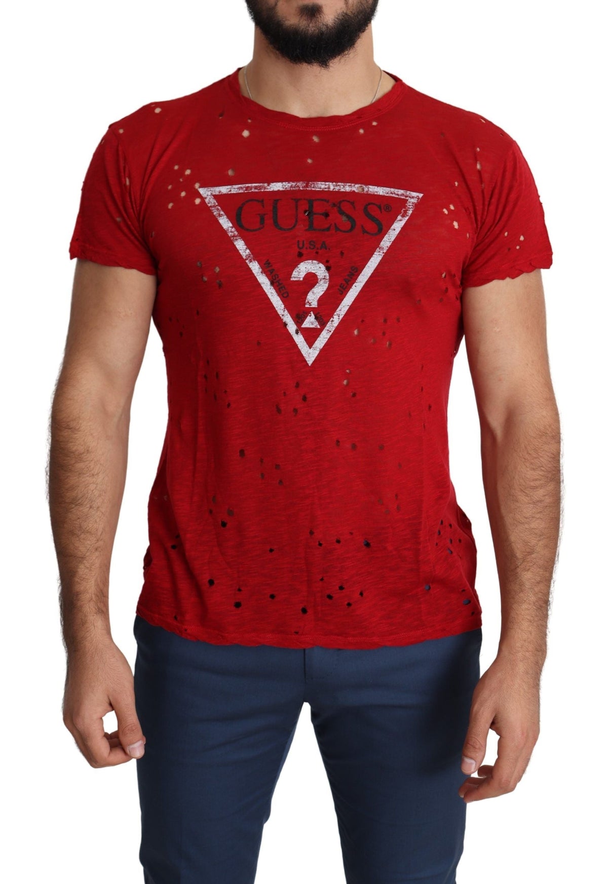 Guess Red Cotton Logo Print Men Casual Top Perforated T-shirt Guess