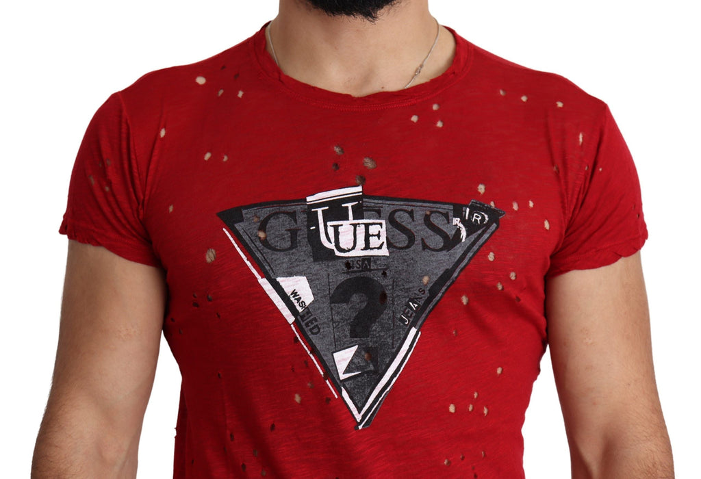Guess Red Cotton Logo Print Men Casual Top Perforated T-shirt Guess