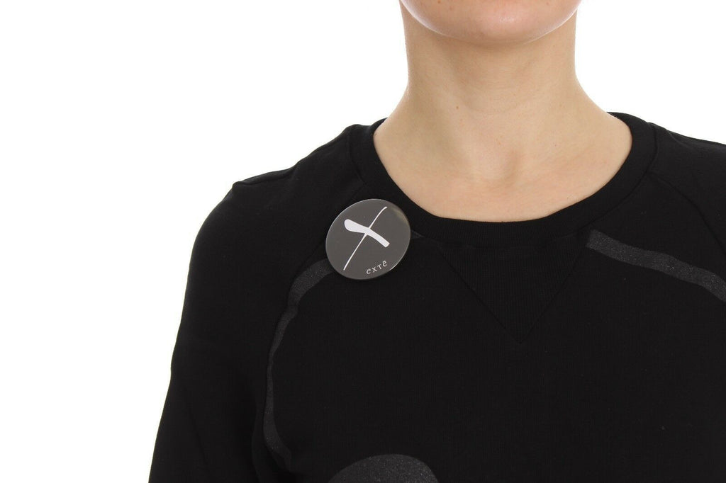 Exte Black Cotton Motive Print Crewneck Pullover Sweater