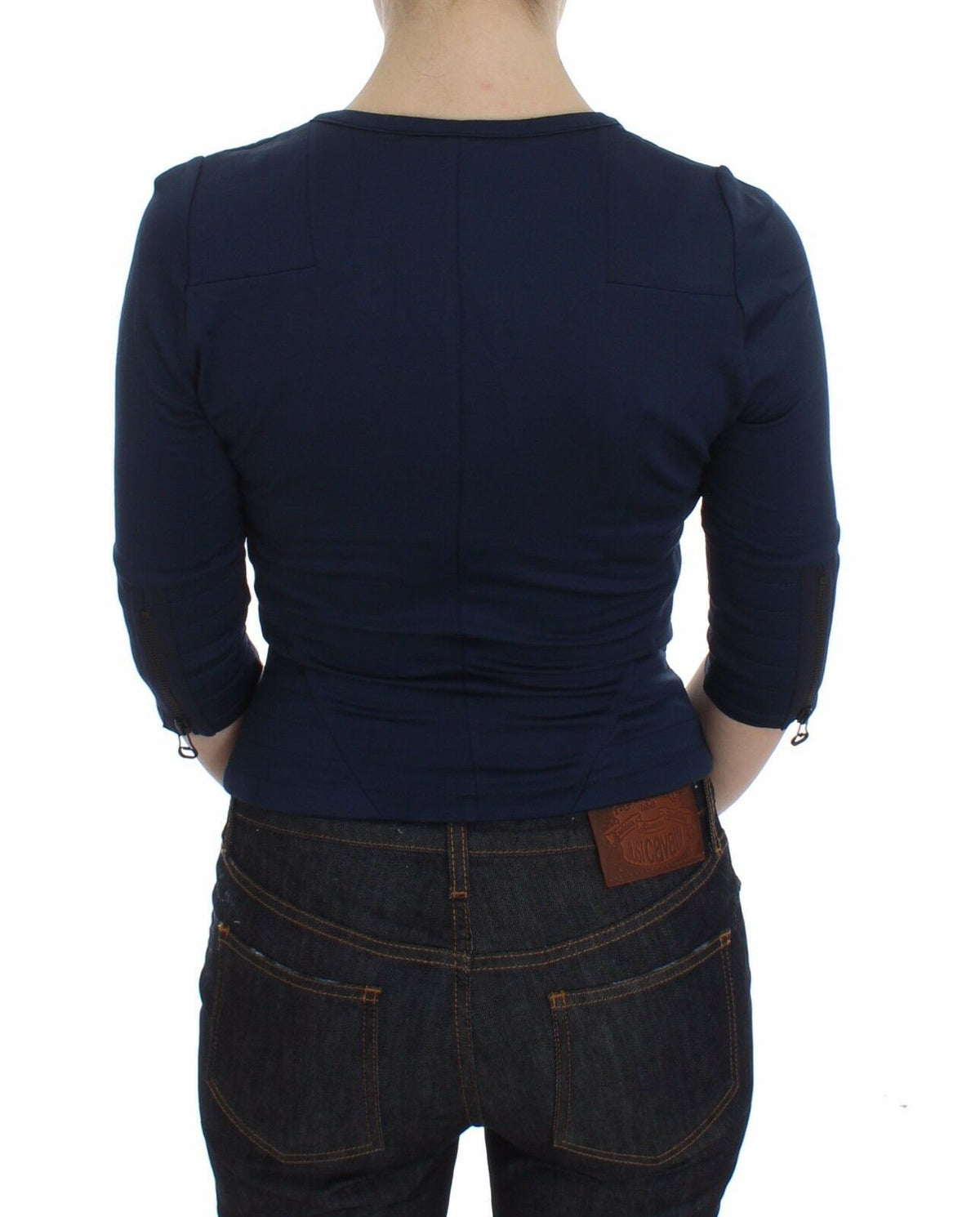 Exte Blue Cotton Top Zipper Deep Crew-neck Sweater