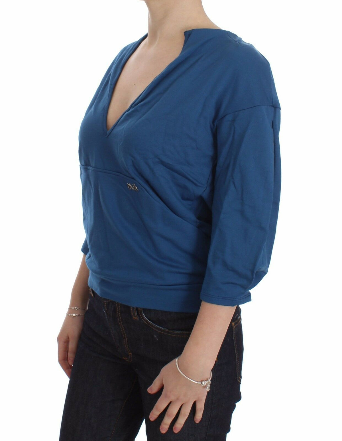 Exte Blue Cotton Top Pullover Deep V-neck Women Sweater
