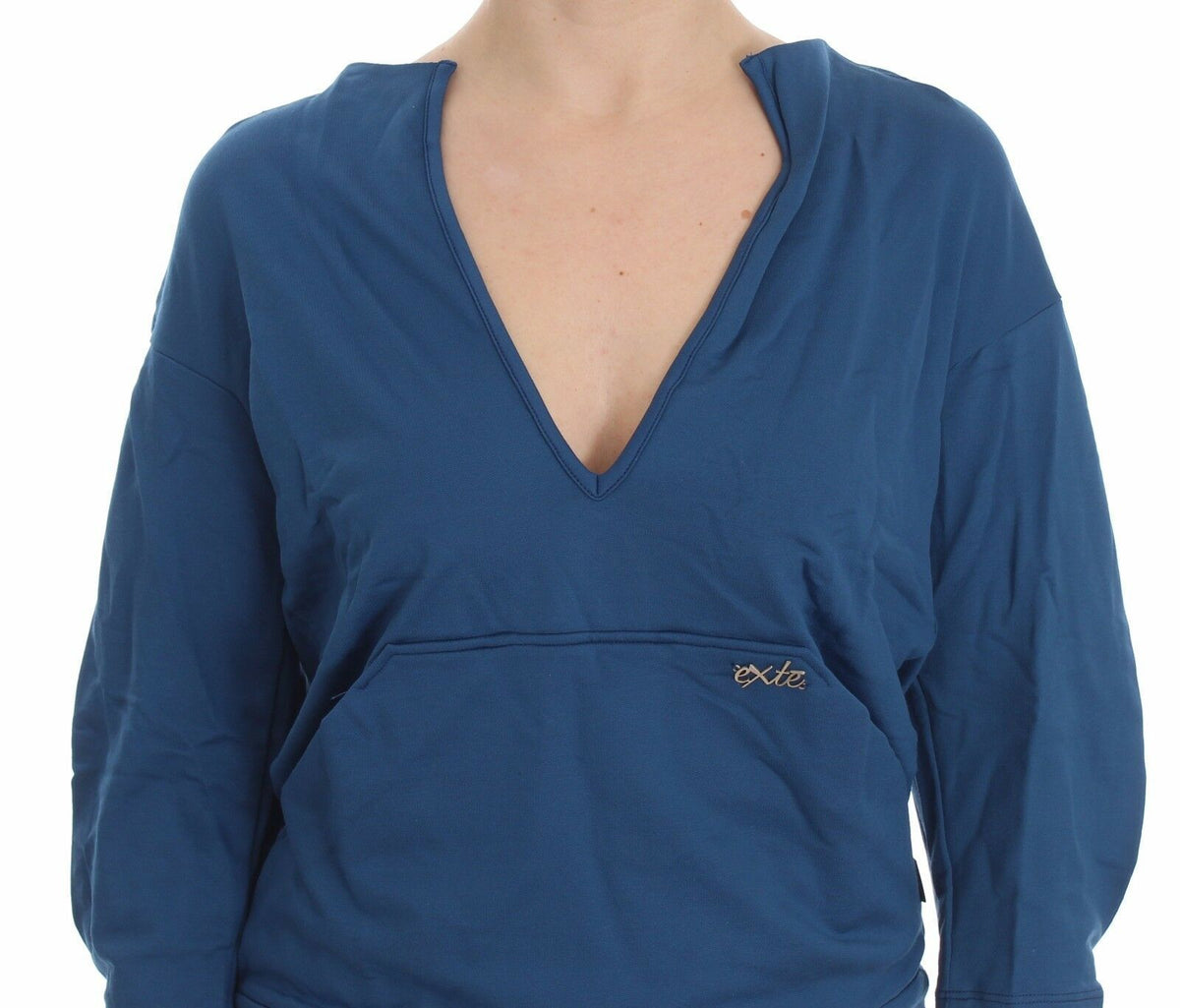 Exte Blue Cotton Top Pullover Deep V-neck Women Sweater