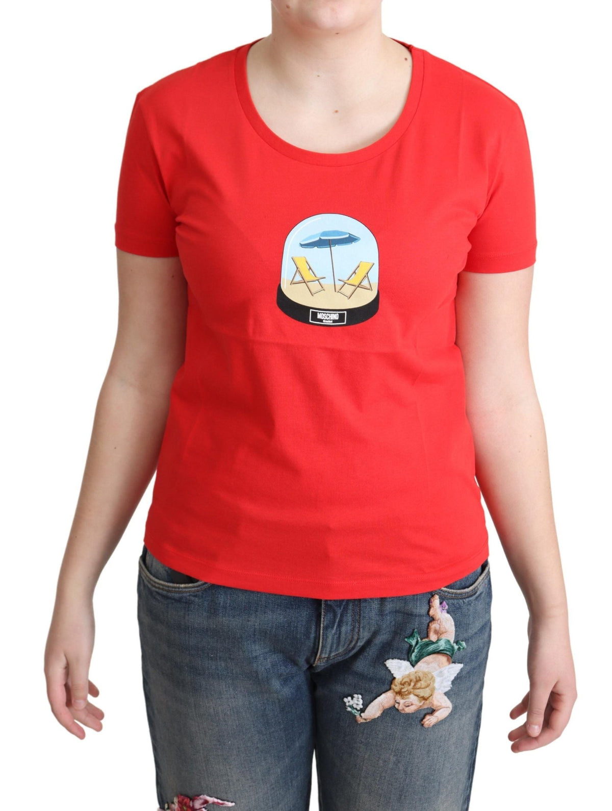 Moschino Red Printed Cotton Short Sleeves Tops Blouse T-shirt Moschino