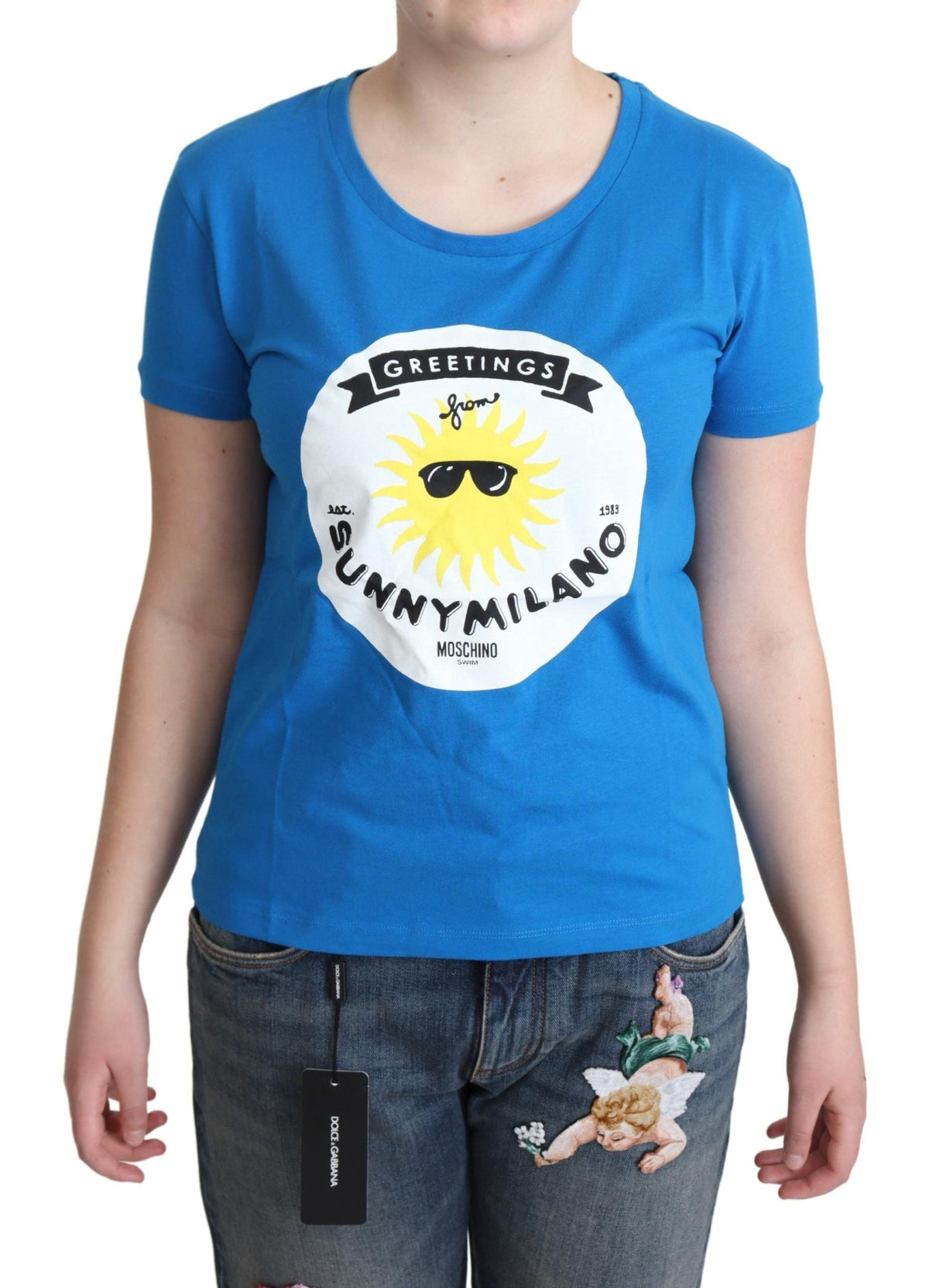 Moschino Blue Cotton Sunny Milano Print Tops T-shirt Moschino