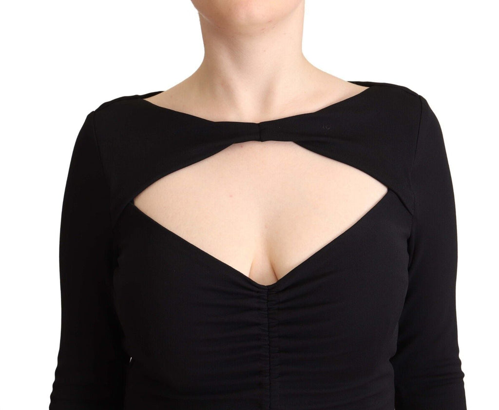 PINKO Black Nylon Stretch Long Sleeves Deep V-neck Maxi Dress PINKO