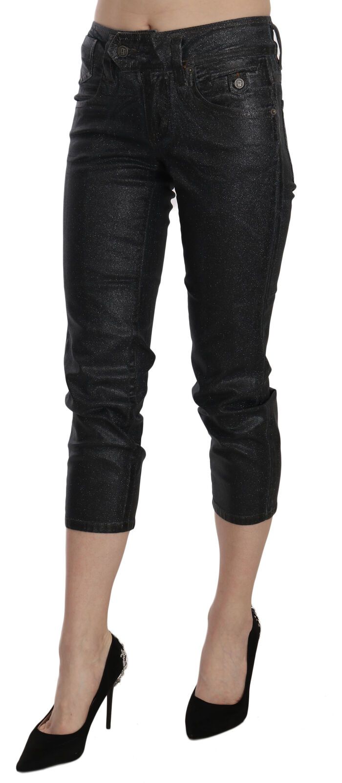 John Galliano Black Washed Mid Waist Slim Leg Cropped Denim Pants John Galliano