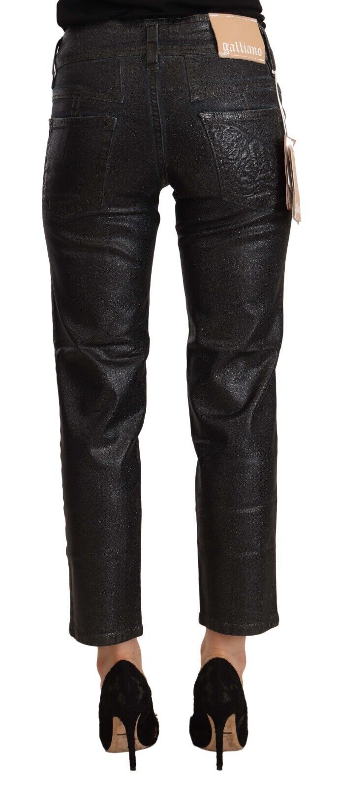 John Galliano Black Glittered Mid Waist Cotton Cropped Pants John Galliano