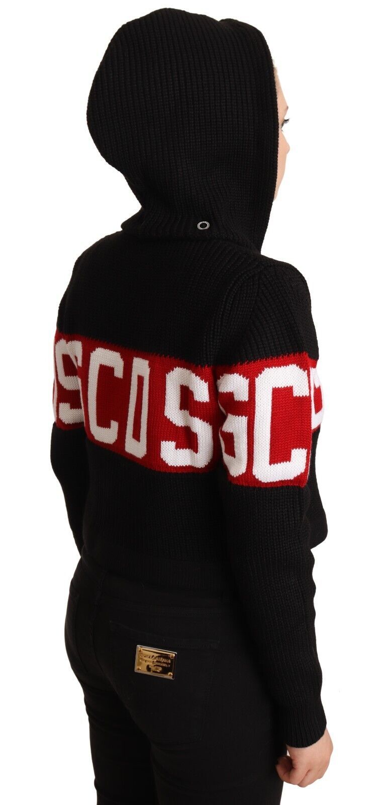 GCDS Black Cashmere Hooded Button Down Logo Cardigan Jacket GCDS