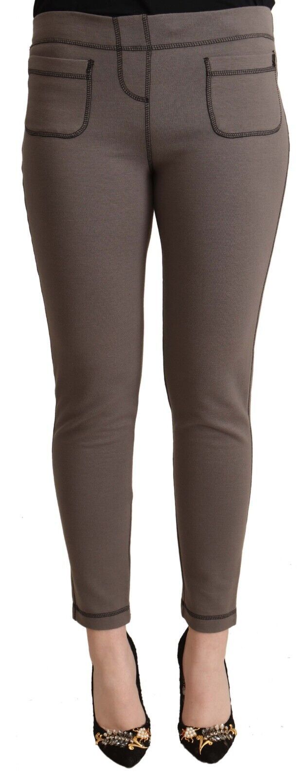 John Galliano Gray Cotton Mid Waist Stretch Leggings Cropped Pants John Galliano