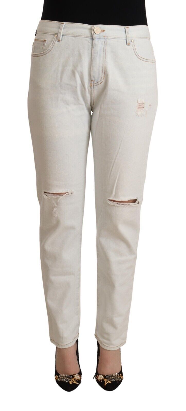 PINKO White Cotton Distressed Mid Waist Skinny Denim Jeans PINKO