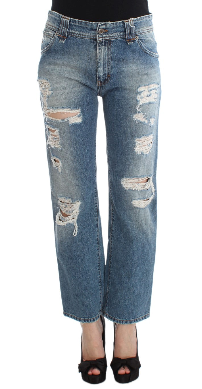 John Galliano Blue Wash Cotton Boyfriend Fit Cropped Jeans John Galliano