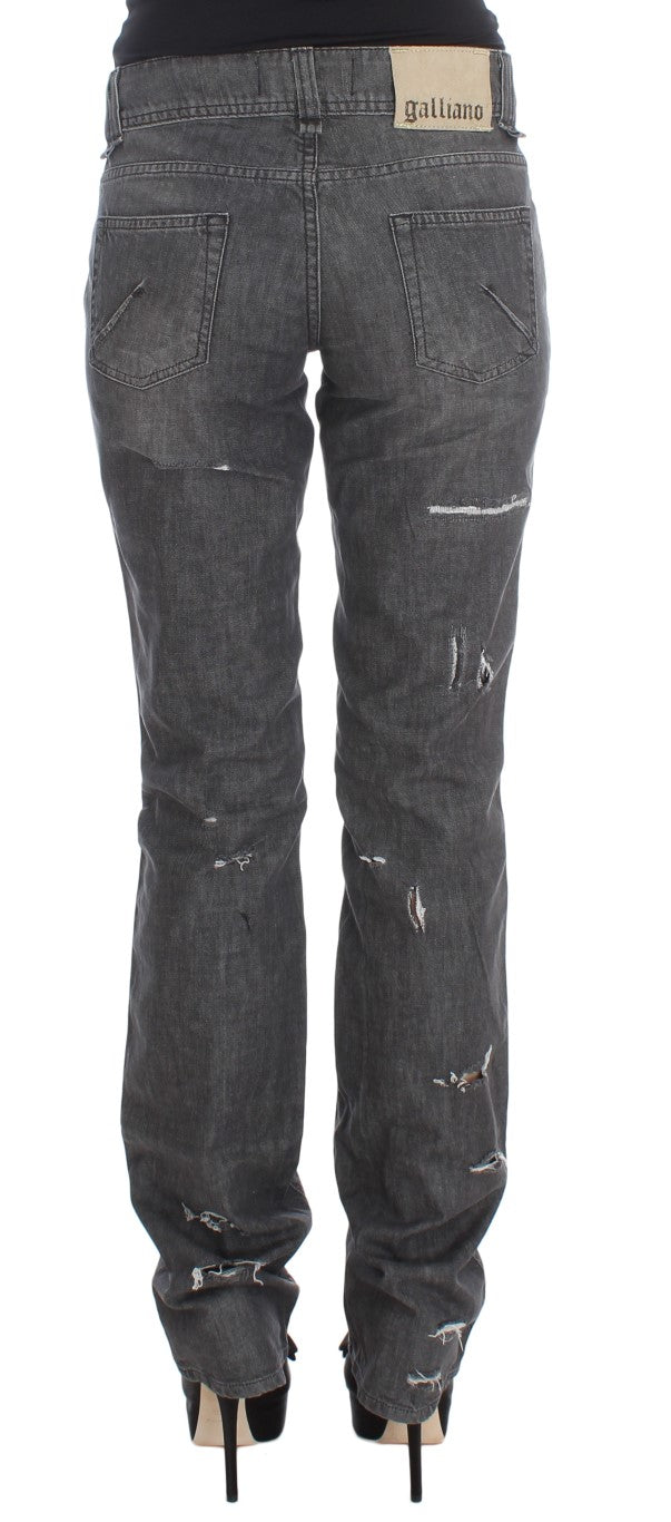 John Galliano Gray Wash Cotton Torn Straight Fit Jeans John Galliano