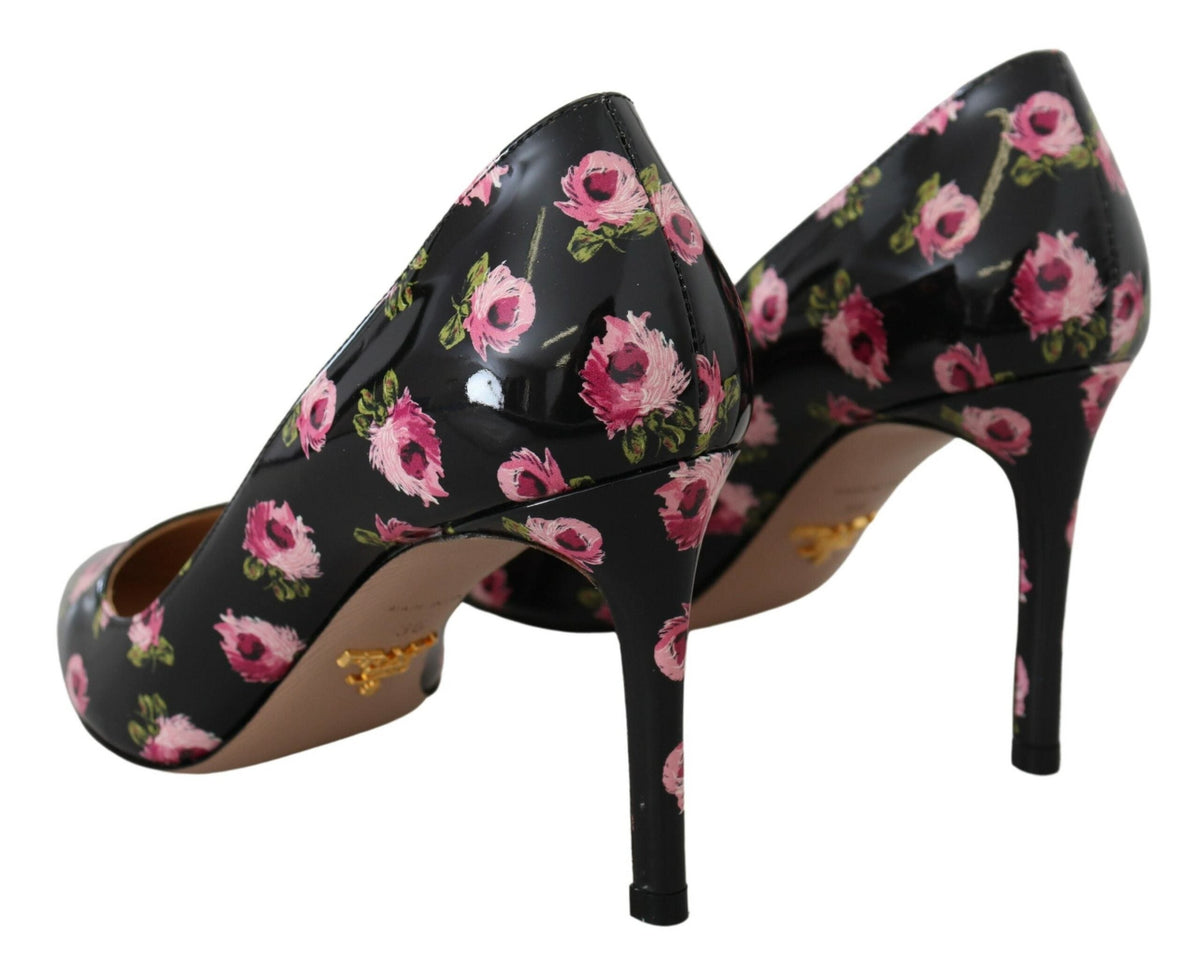 Prada Black Leather Floral Heels Stilettos Pumps Prada