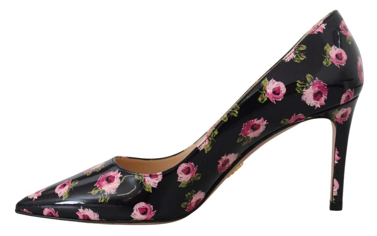Prada Black Leather Floral Heels Stilettos Pumps Prada