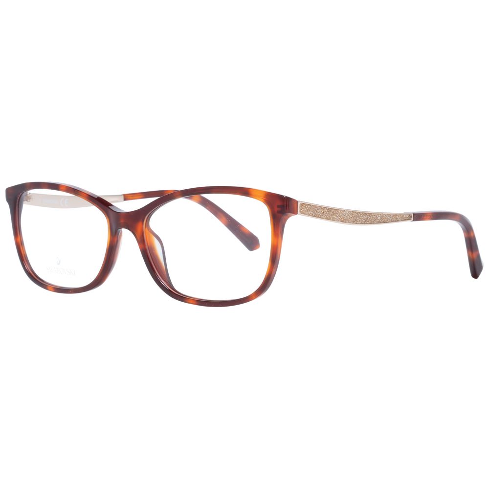 Swarovski Brown Plastic Glasses (Frames) for women feature tortoiseshell rectangle frames, rectangular lenses, and gold textured temple detailing, shown against a white background.