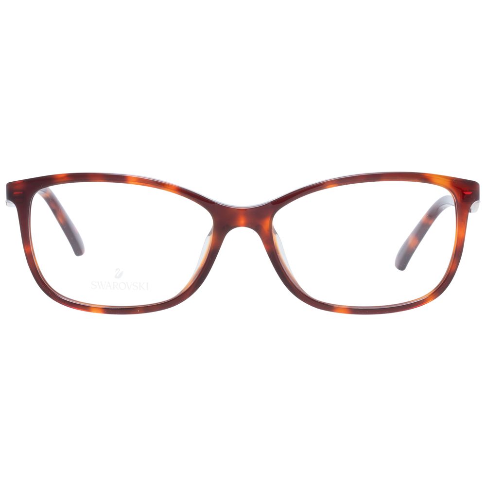 A pair of Swarovski Brown Plastic Glasses (Frames) for women with a stylish rectangle tortoiseshell design, viewed from the front. The clear lenses subtly display the Swarovski brand name on the left lens.
