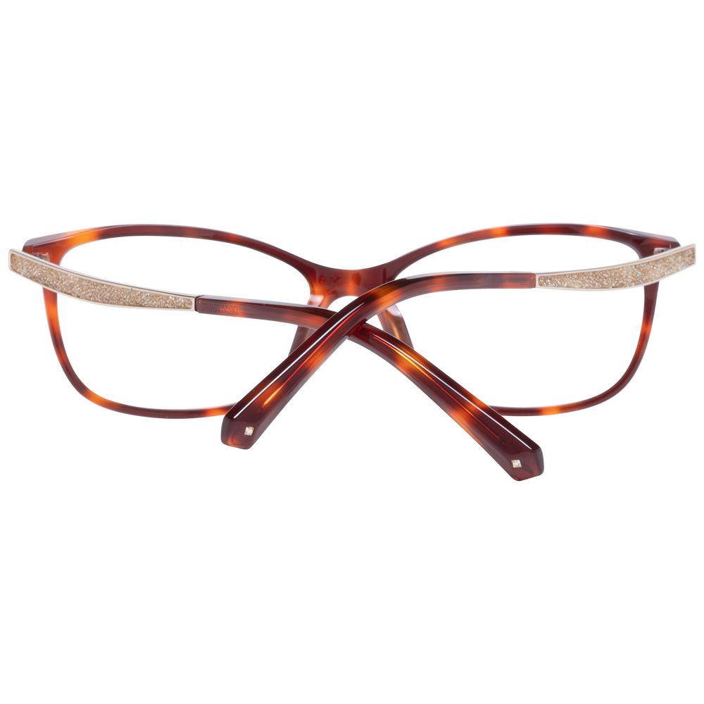 A pair of Swarovski Brown Plastic Glasses (Frames) for women, shown from the back with crossed arms. The rectangle frames display a textured, light-colored accent near the hinges.