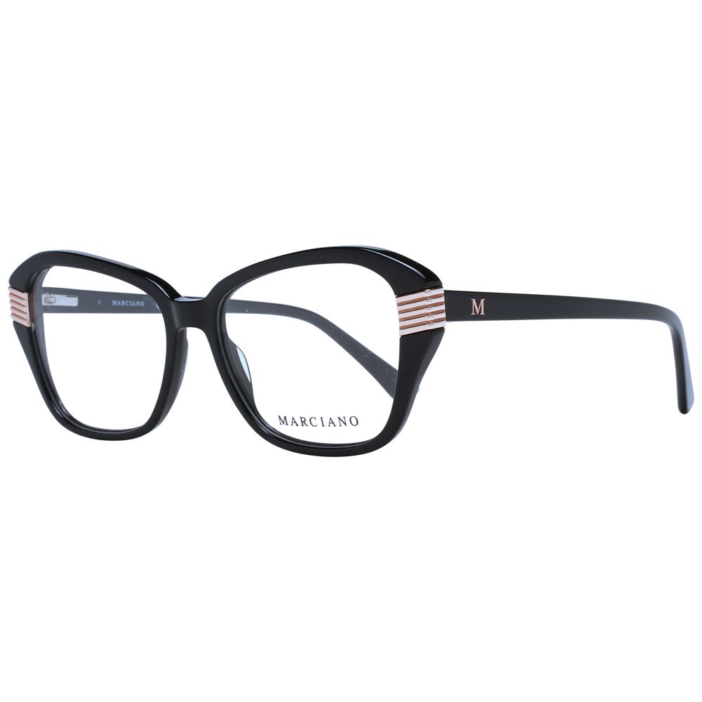 Marciano by Guess Black Plastic Glasses (Frames) feature round lenses, gold-striped temple accents, and a gold M logo. Their glossy finish and modern design make these eyeglasses a standout accessory for women.