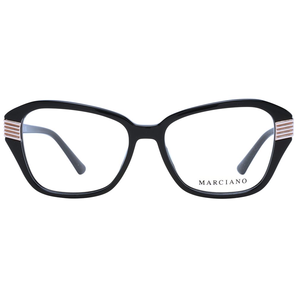 The Marciano by Guess Black Plastic Glasses (Frames) for women feature large, rounded square black rectangle frames with subtle metallic accents on the upper corners of the temples.