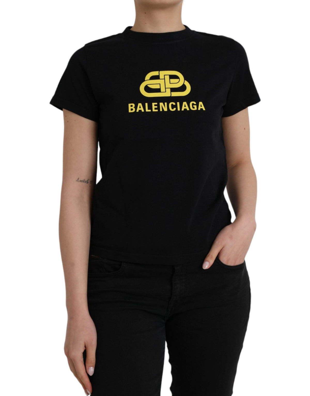 Balenciaga Black Cotton Logo Print Crew Neck Short Sleeves T-shirt - BrandFit 88