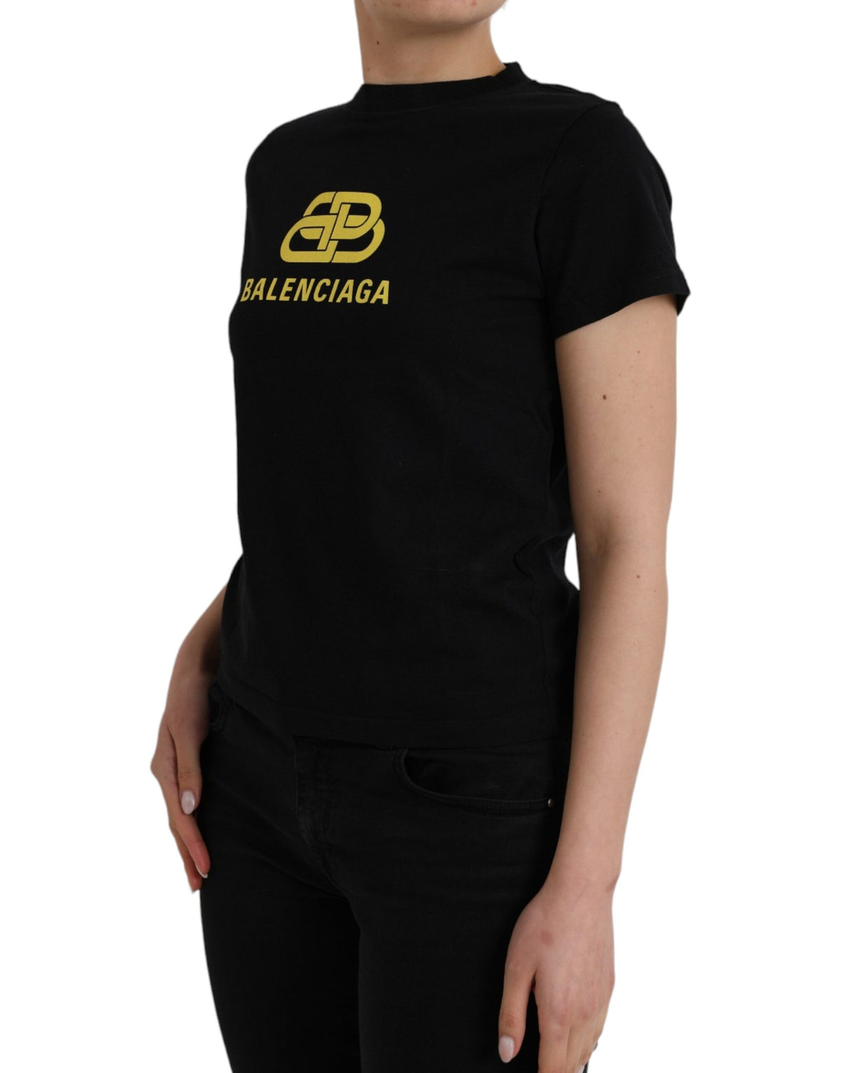 Balenciaga Black Cotton Logo Print Crew Neck Short Sleeves T-shirt - BrandFit 88