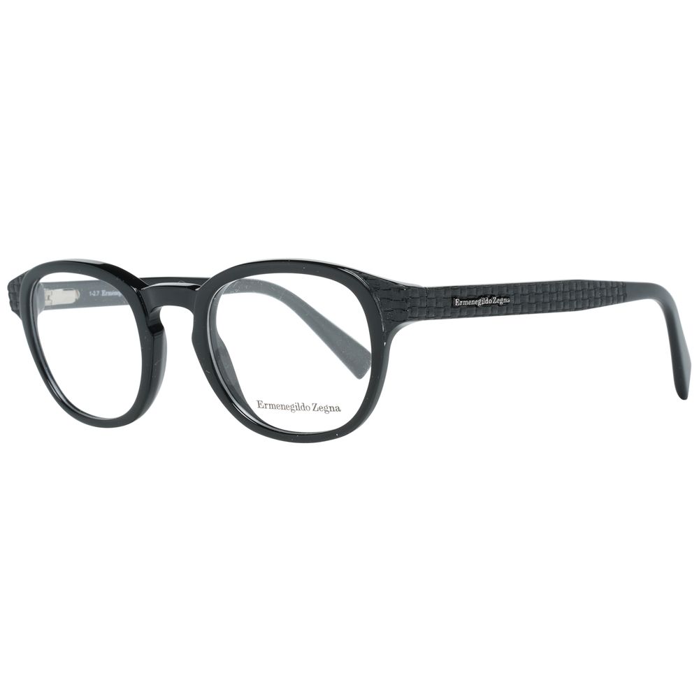 Ermenegildo Zegna Black Plastic Glasses (Frames): Stylish black round eyeglasses with textured arms and clear lenses, featuring the brand name on the left inside temple and right outside arm—ideal for men's eyewear fans.