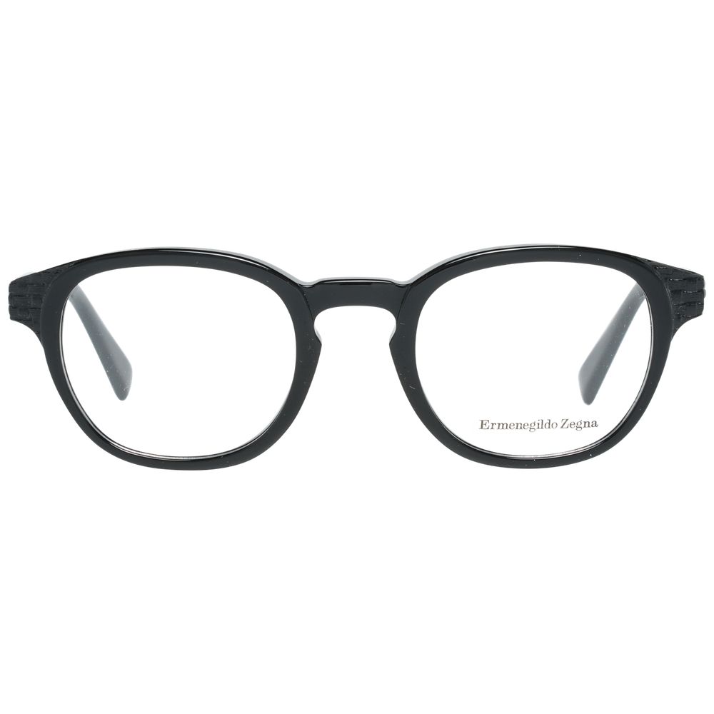 A front view of Ermenegildo Zegna Black Plastic Glasses (Frames) for men, featuring oval lenses and visible branding on the right lens.