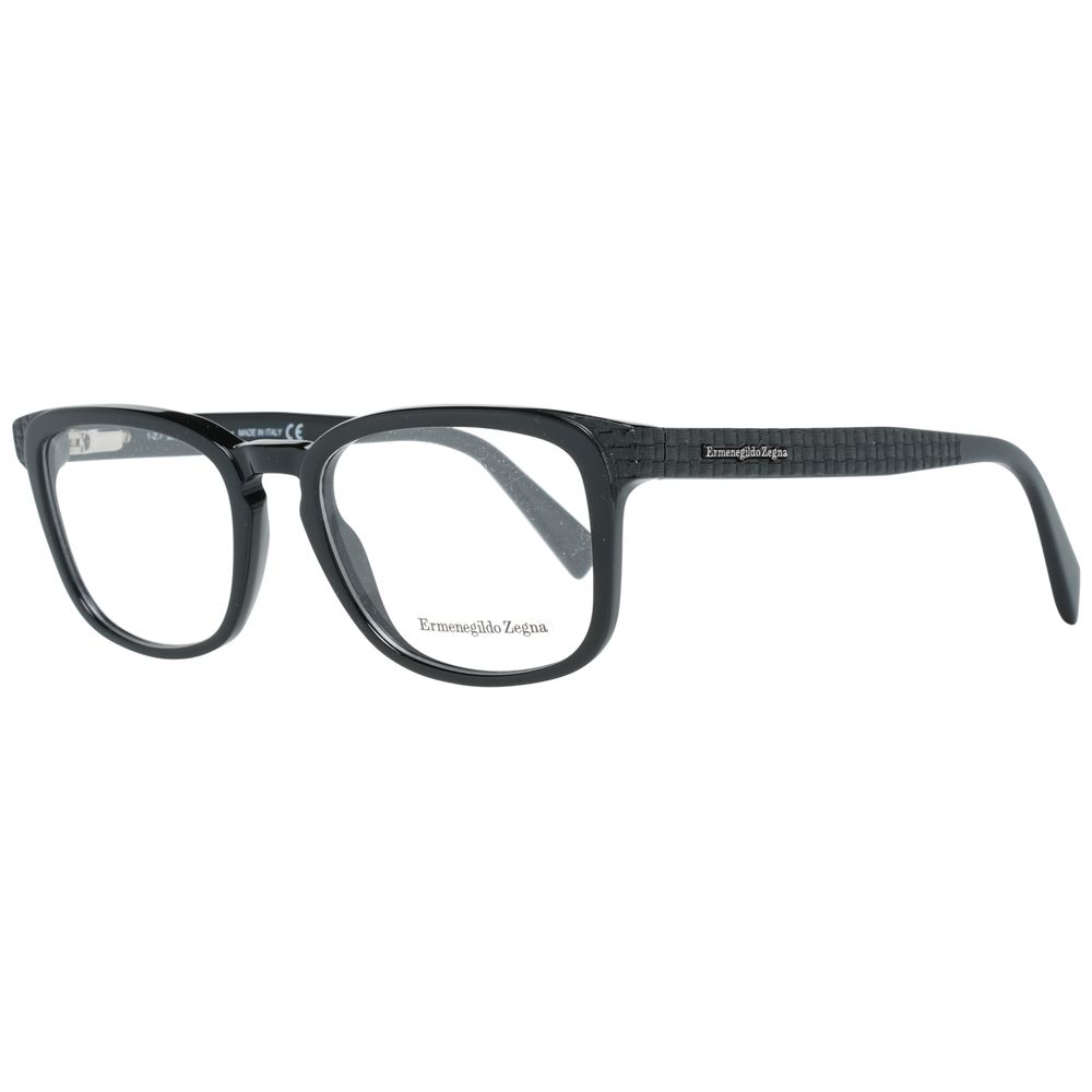 Ermenegildo Zegna Black Plastic Glasses (Frames): Men's black rectangle frames with textured temples, clear lenses, and the Ermenegildo Zegna logo on the arms and inside the right lens.