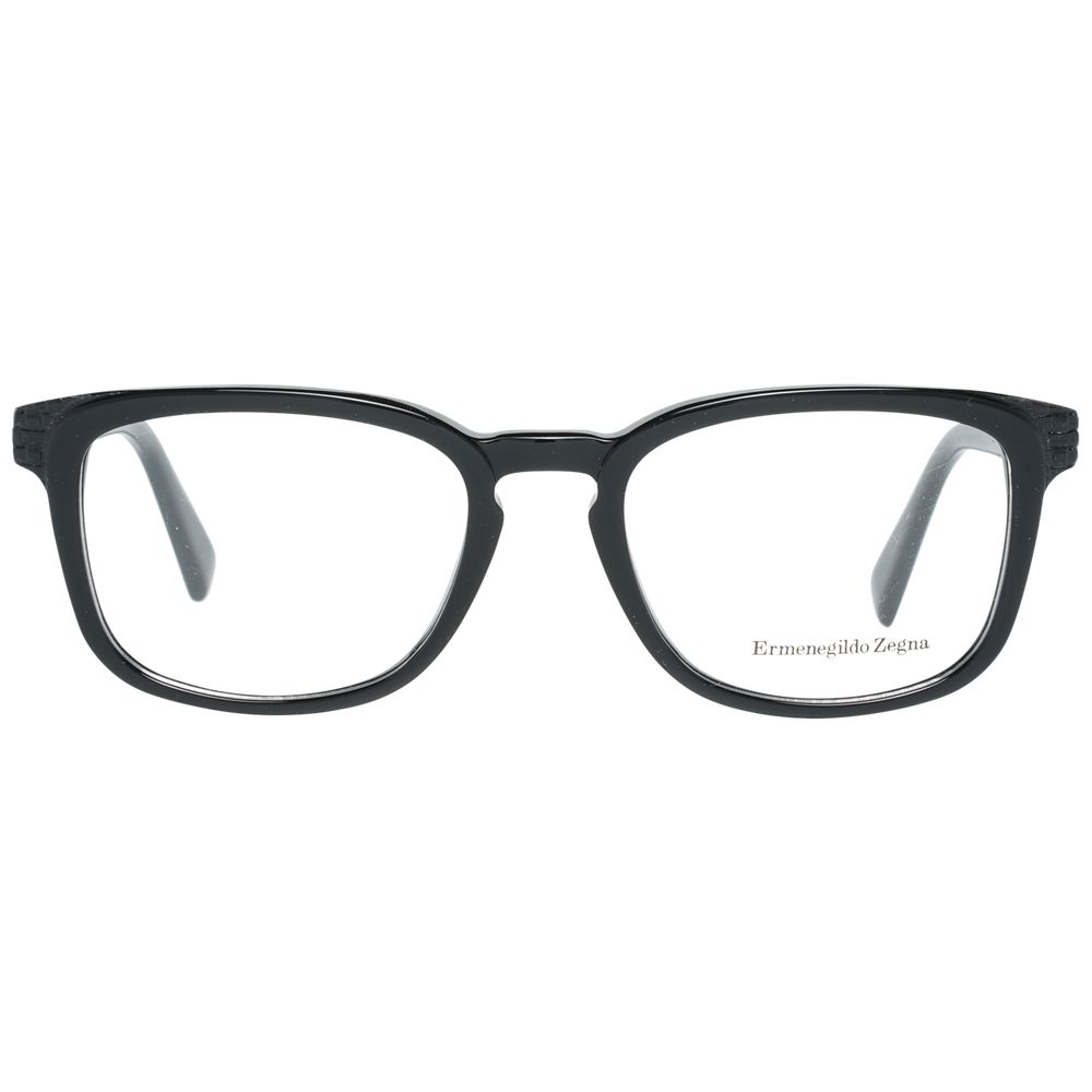 Front view of Ermenegildo Zegna Black Plastic Glasses (Frames) with clear lenses. The brand name appears on the right lens, and slim, slightly curved temples enhance their sophisticated style.