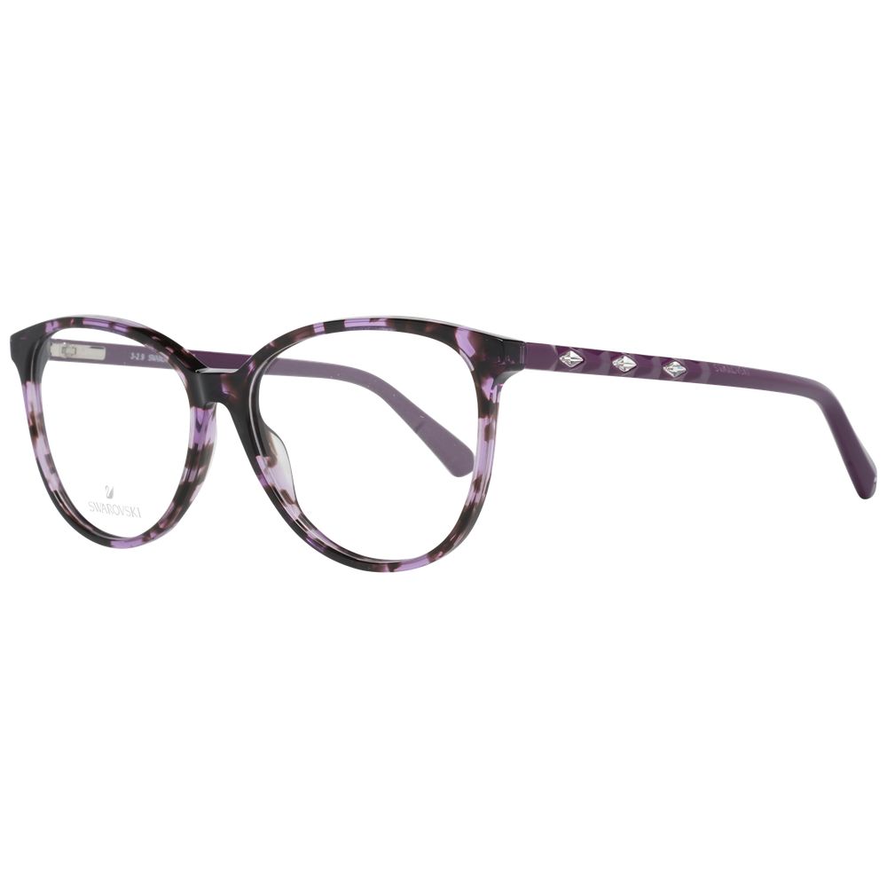 Swarovski Multicolor Plastic Glasses (Frames) for women featuring a purple and black tortoiseshell full-rim design, round lenses, and three diamond-shaped accents on the temples, shown angled against a white background.