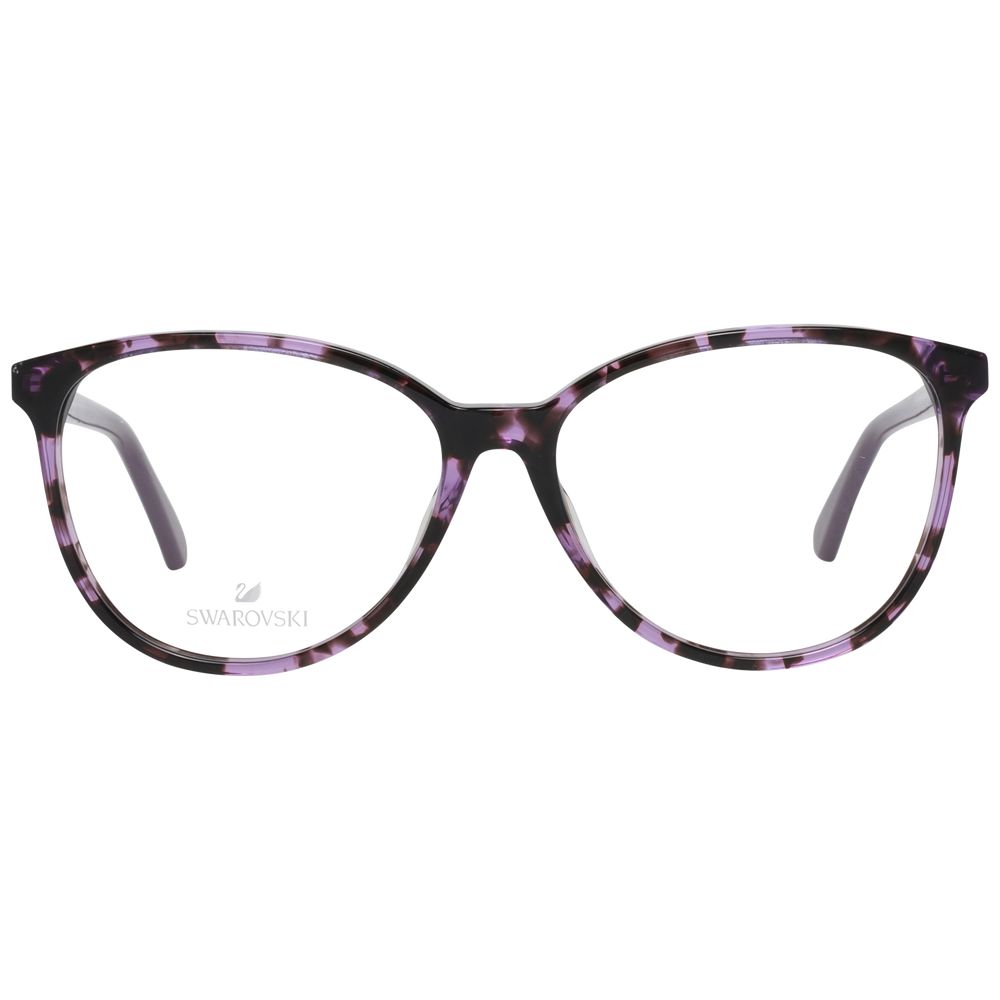 Swarovski Multicolor Plastic Glasses (Frames) for women feature a purple and black marbled cat-eye full-rim design with clear lenses, Swarovski logo on the left lens, and matching temples, shown against a plain white background.