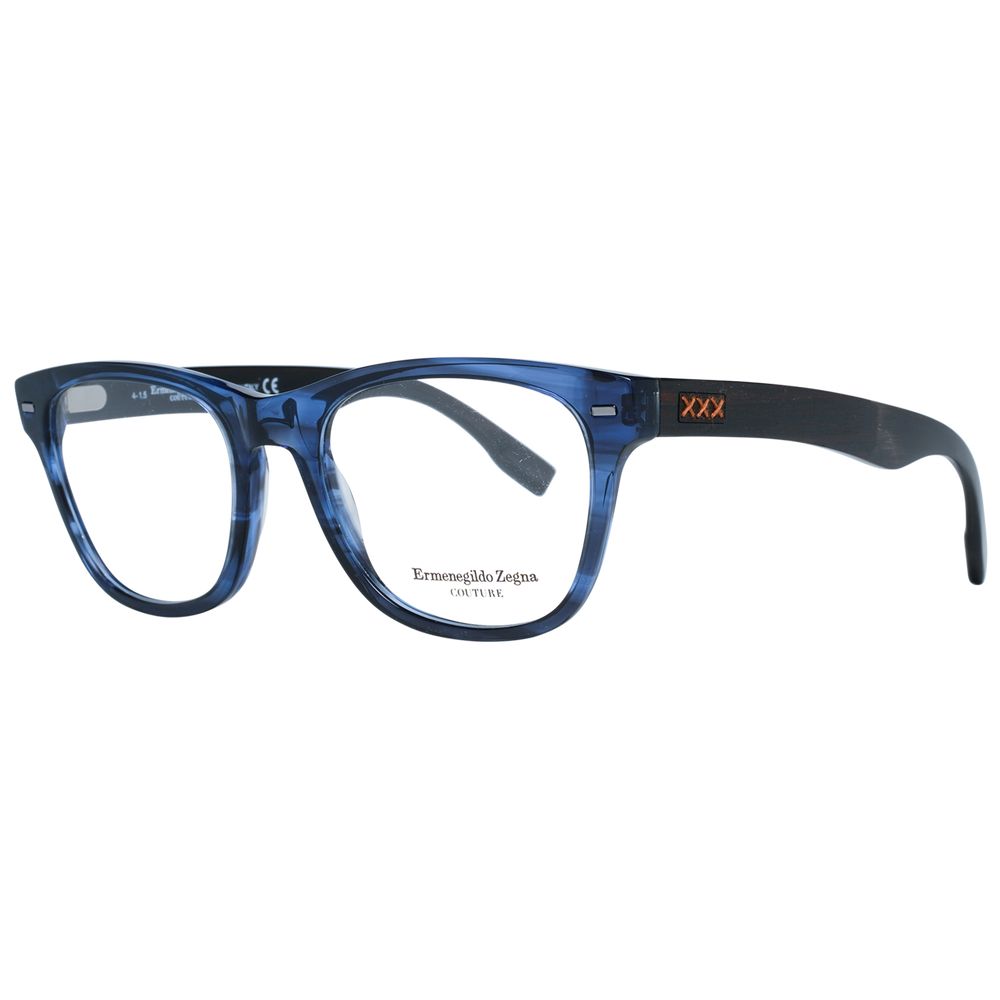 Ermenegildo Zegna Blue Plastic Glasses for men feature black arms, an orange “XXX” detail on the temple, and the “Ermenegildo Zegna Couture” logo inside the right lens.