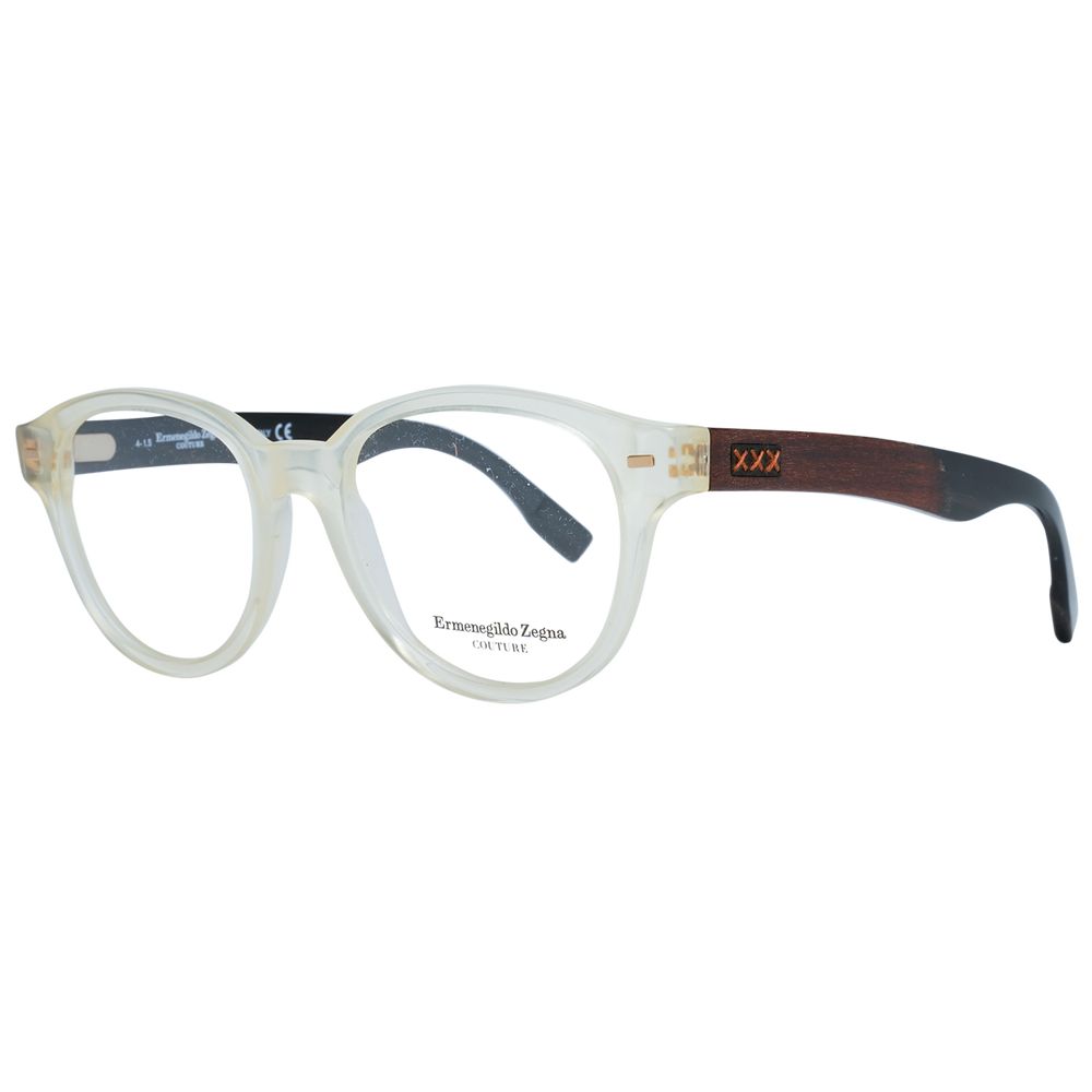 Ermenegildo Zegna Transparent Plastic Glasses (Frames): Clear round frames with dark brown and black temples, featuring a small orange XXX on the left temple and branded name inside the left lens.