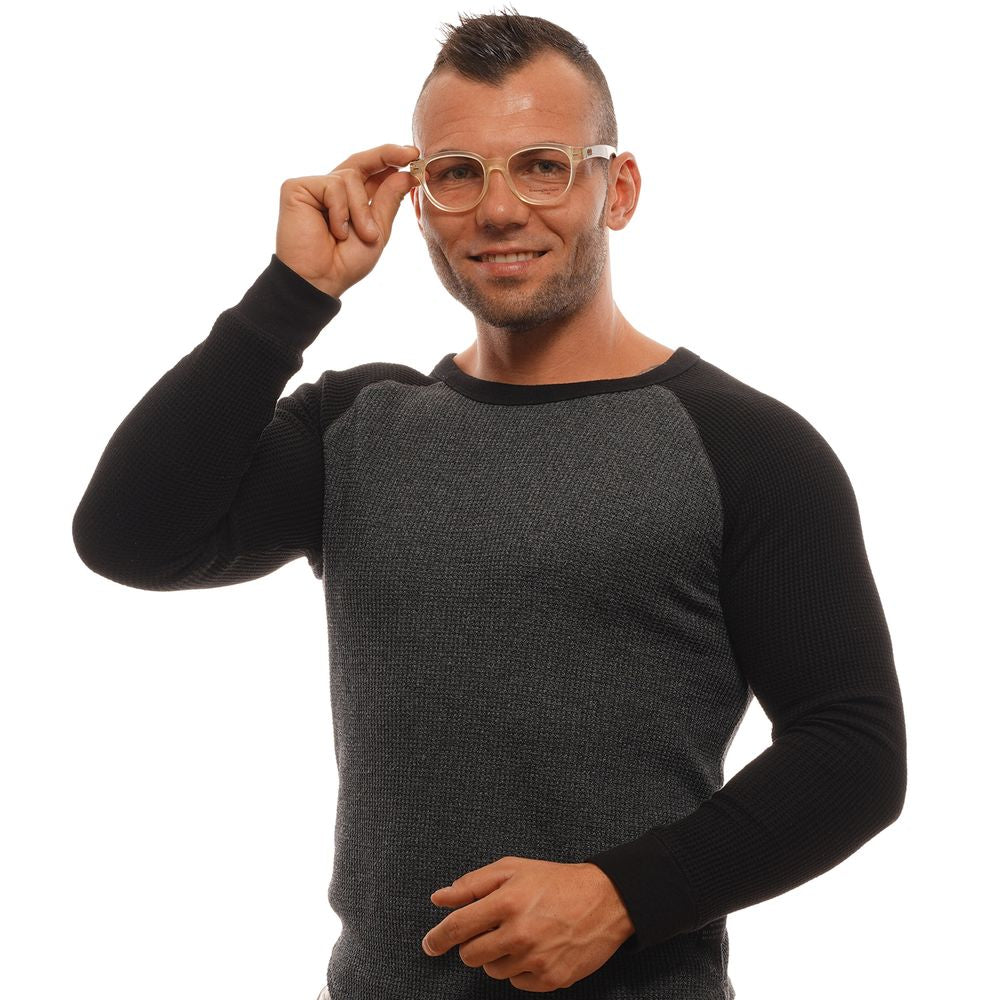 A man in a dark long-sleeve shirt smiles while adjusting his Ermenegildo Zegna Transparent Plastic Glasses (Frames) with one hand against a white background.