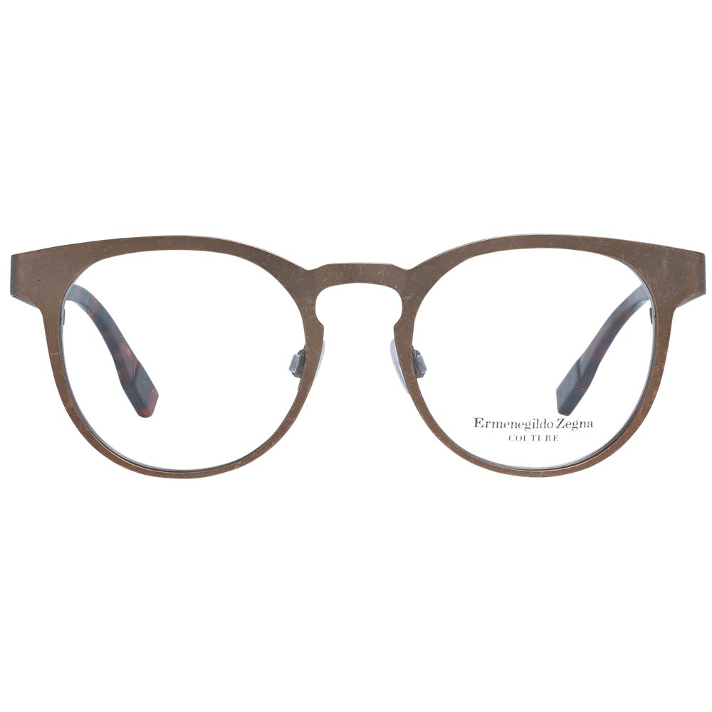 Front view of Ermenegildo Zegna Bronze Titanium Glasses (Frames) for men, with round brown full-rim design, clear lenses, and a subtle Ermenegildo Zegna Couture logo on the inner right lens.