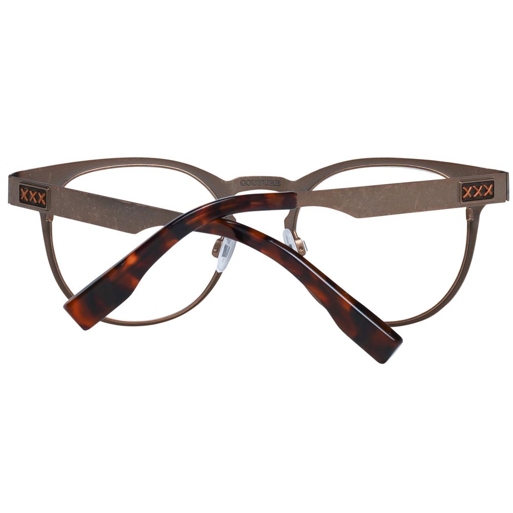 Ermenegildo Zegna Bronze Titanium Glasses feature a matte cat-eye full-rim frame with gold accents, tortoiseshell-patterned temples, and triple X stitching at the corners for a modern take on classic style.